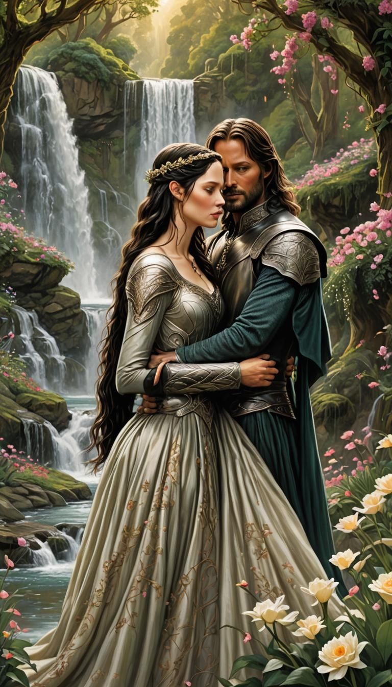 Lovers in Enchanted Garden Watercolor Illustration