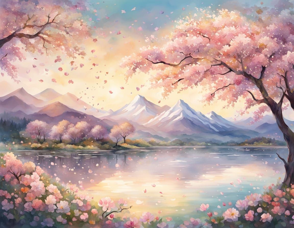 Watercolor Landscape with Blossoms and Golden Light