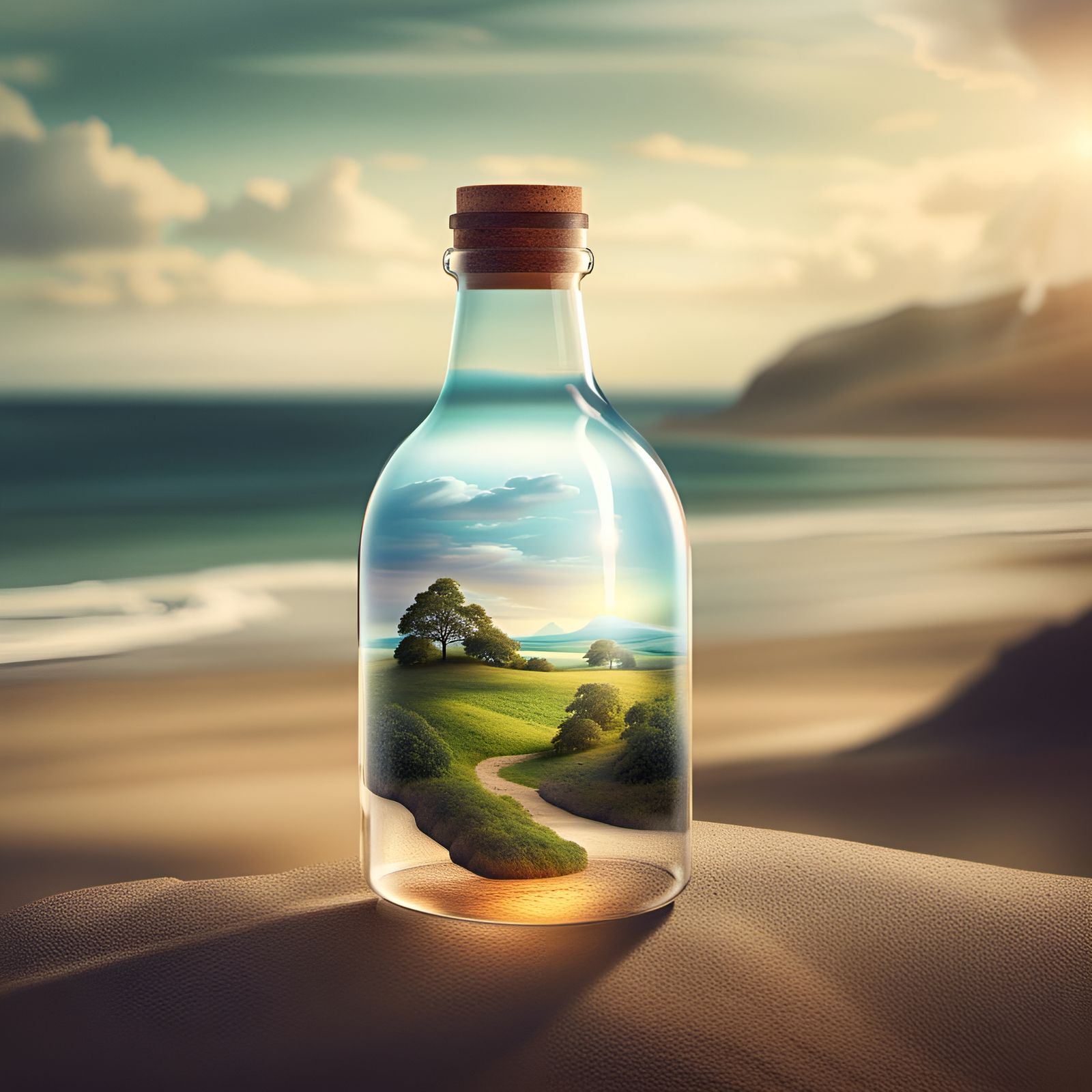Landscape Inside Bottle: Surreal Digital Dreamscape