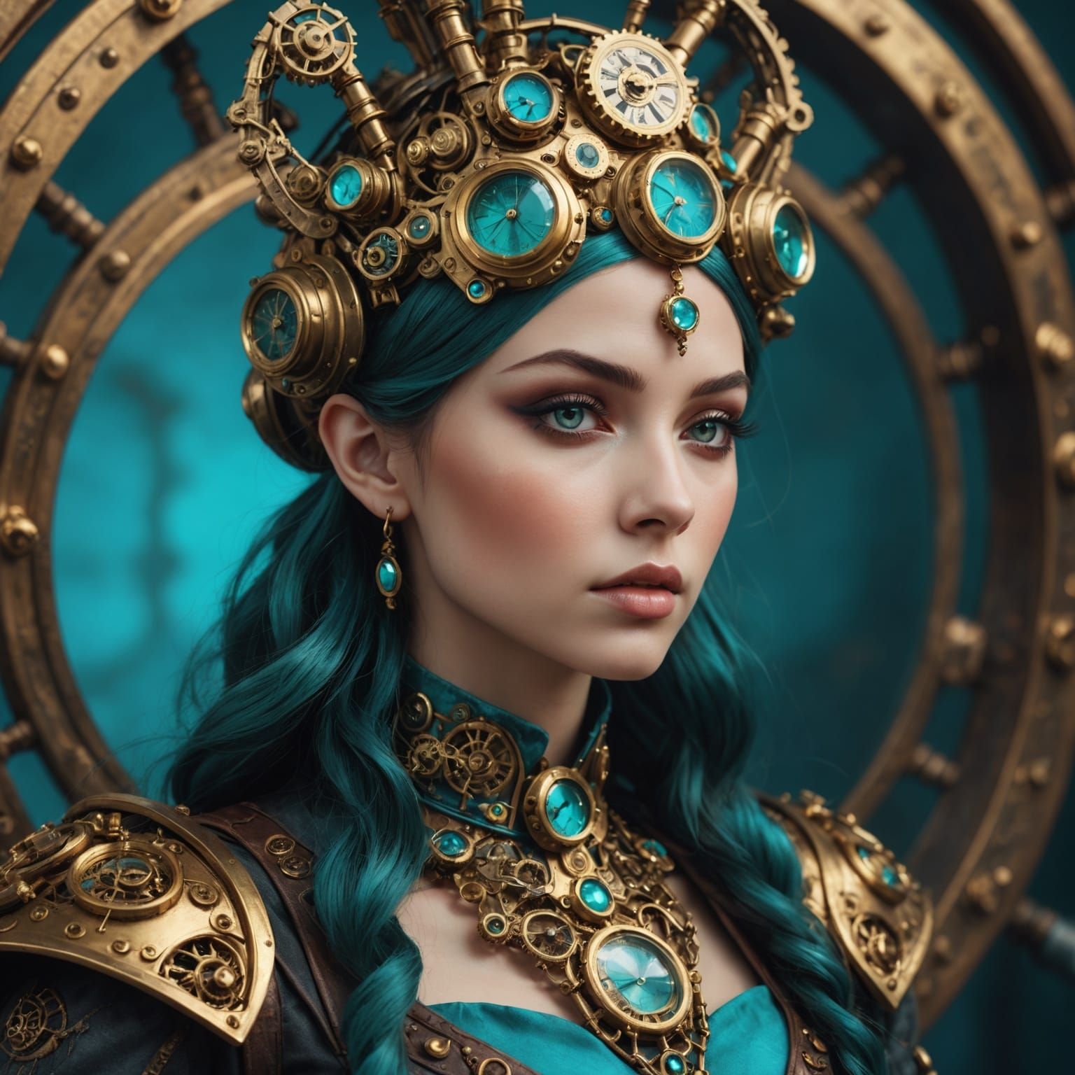 Green hair steampunk woman