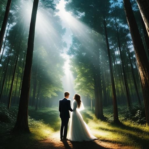 Lovers Embrace Under Moonlight in Forest