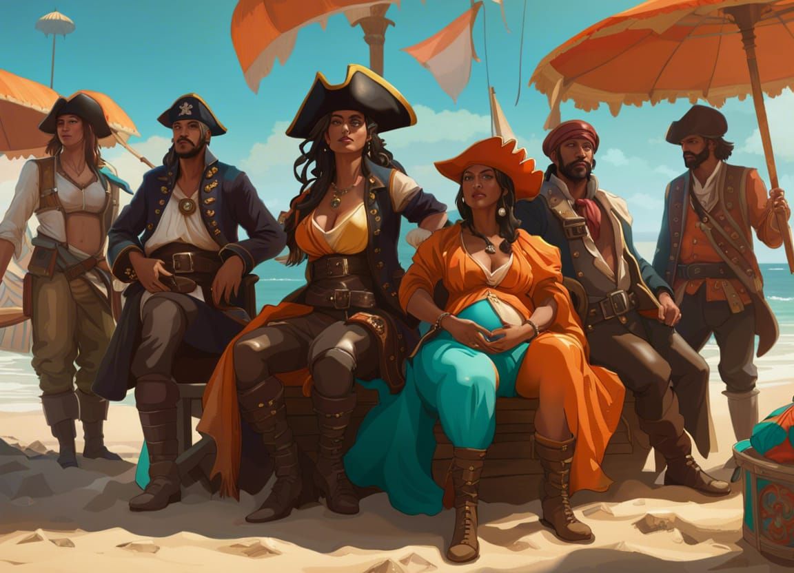 Pregnant Pirate Queen on Beach, Art Nouveau Style