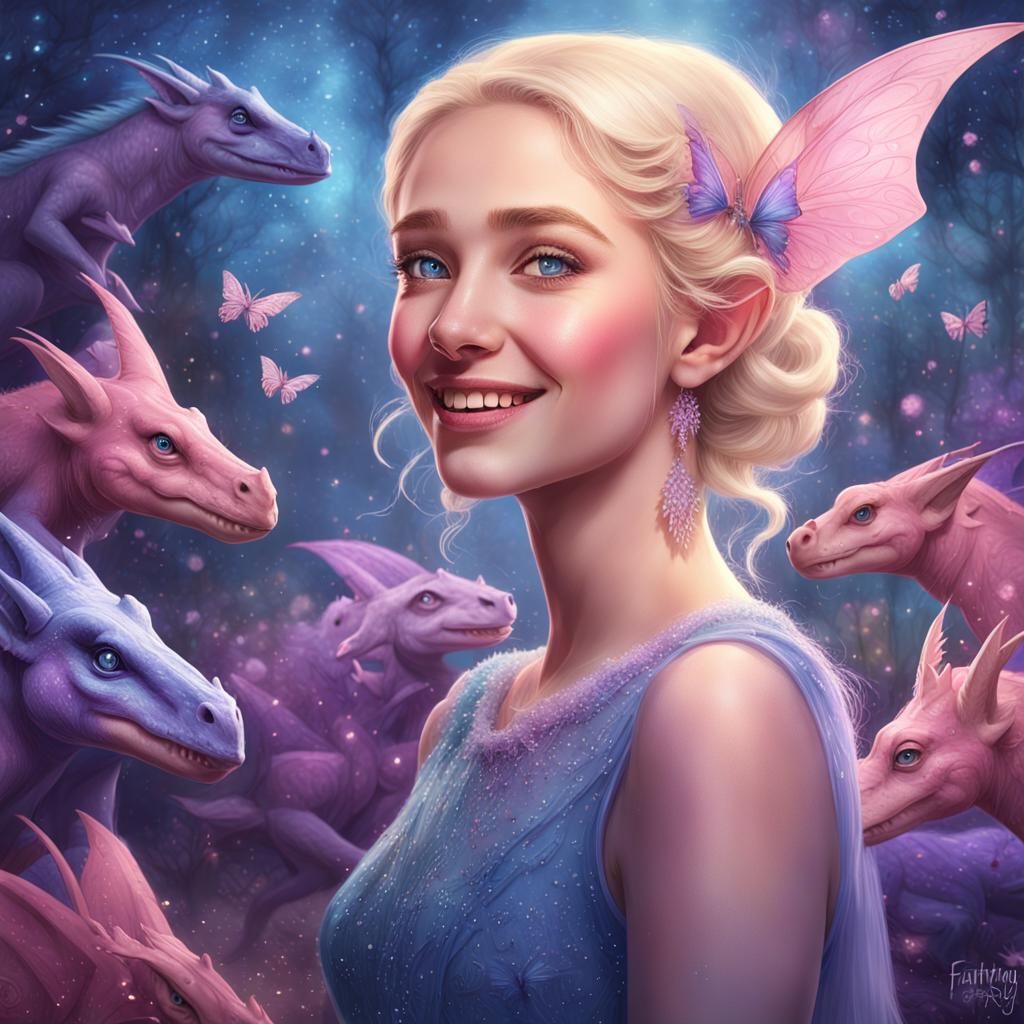 Smiling Elf Woman Portrait with Parasaurolophus