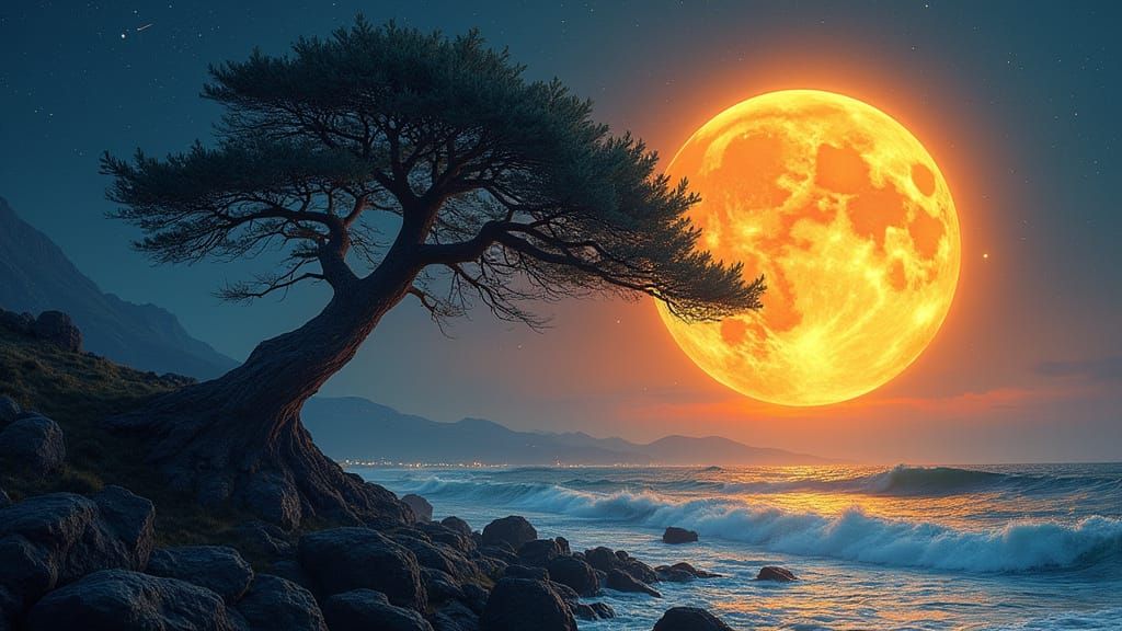 Pine Tree Under Harvest Moon in Hyper-Maximalist Style