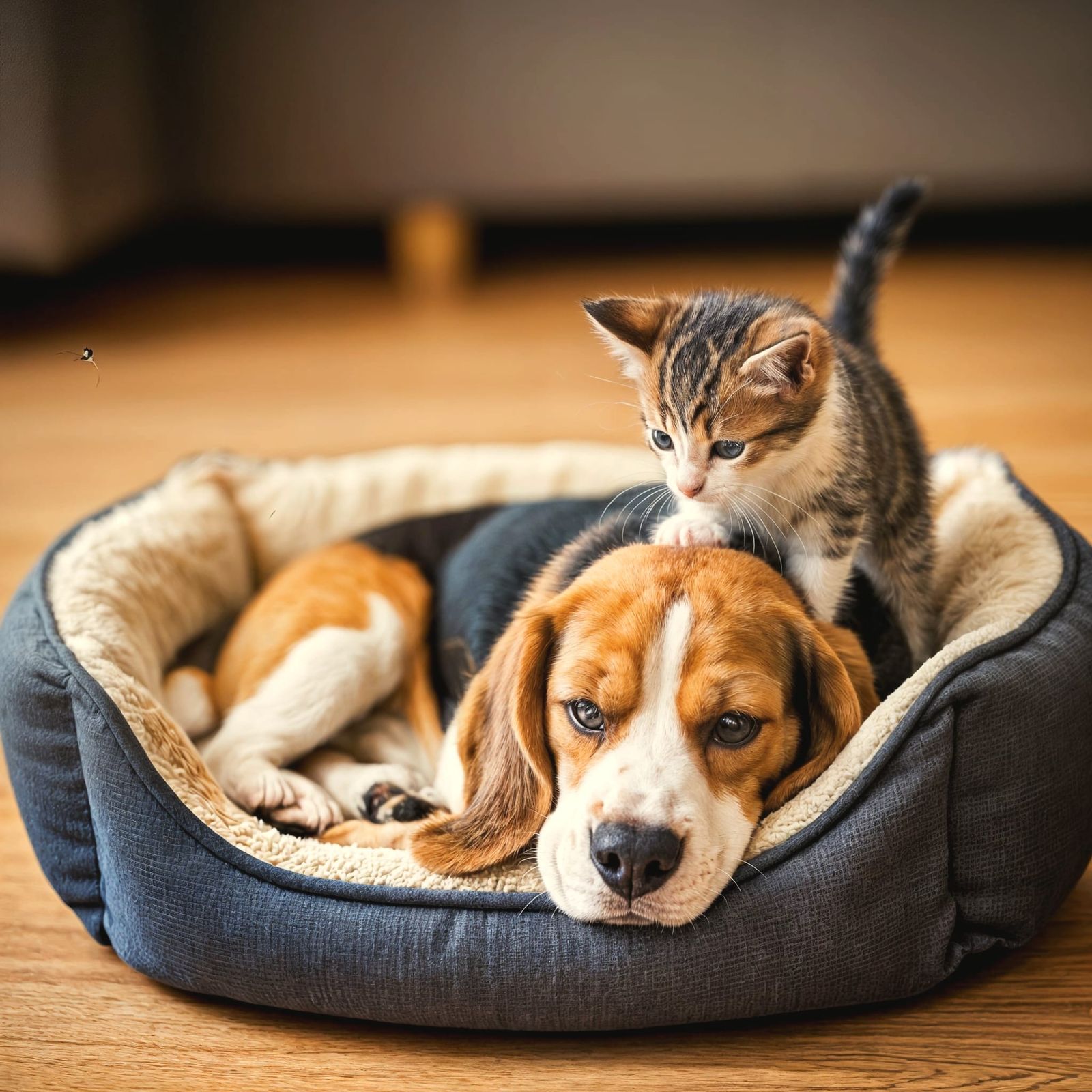 Mischievous Kitten Strolls on Sleepy Beagle