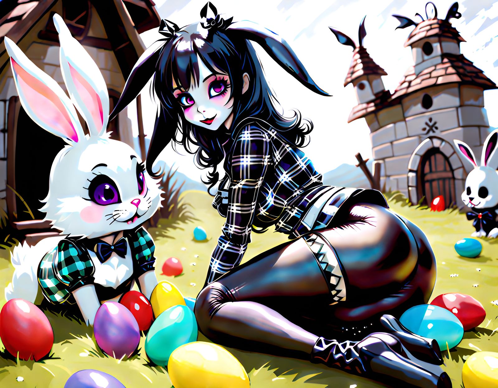 AN BEAUTIFUL EVIL SKELLINTON FEMALE BUNNY AND TWIN ONE HAPPY ONE SAD. LAYING EVIL EASTER EGGS IN STEEMY PILES, ONE IN LA...