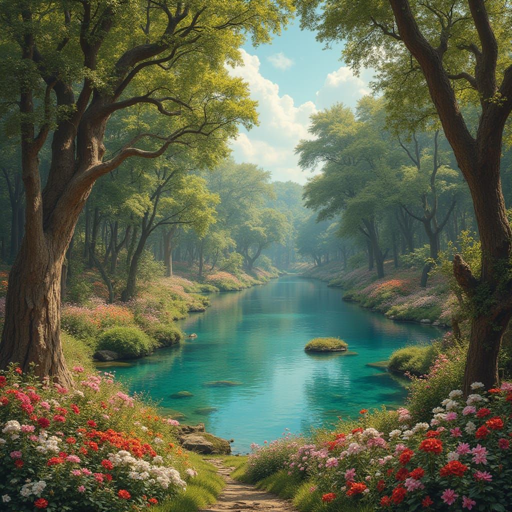 Earthly Paradise with Mythological Gods in Art Nouveau Style