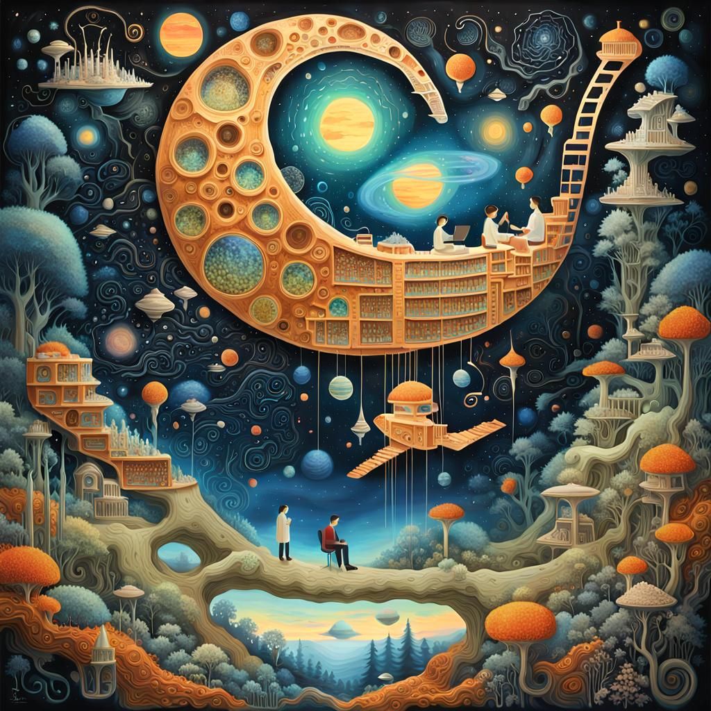 Ethereal Figures Composing Poems in a Spaceship