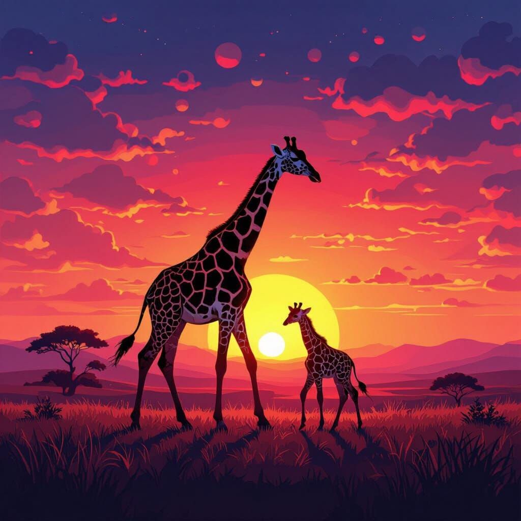 Giraffe Family Walks into Vibrant Sunset