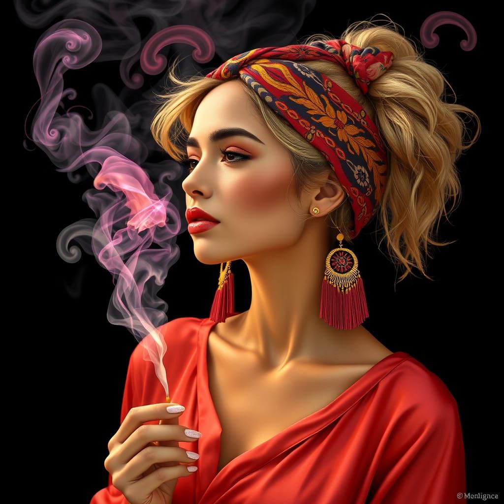 realistic flawless beautiful woman sun-tan skin, and dark blonde hair messily tied back with a thick, dark colorful head...