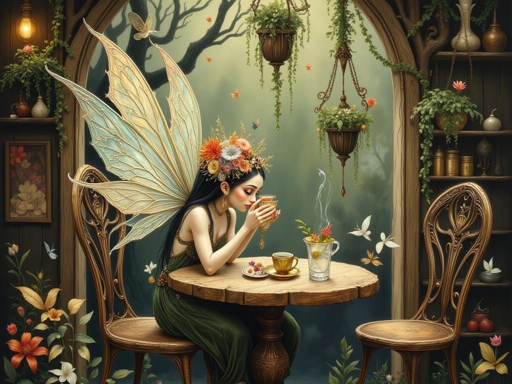 Magical Fairy Enjoys Flower Tea in Whimsical Cafe