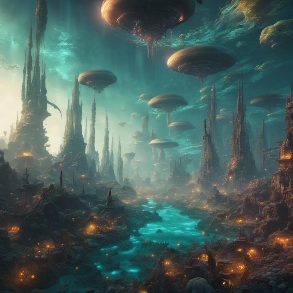 Ethereal Underwater Alien City with Lighted Saucers