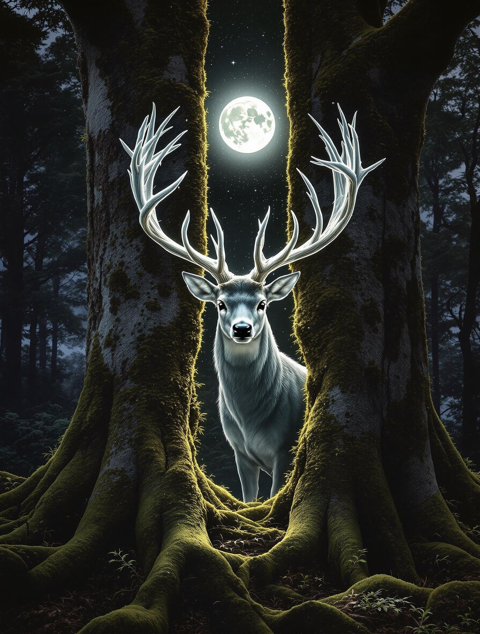 Moonlit Red Deer Stag in Spectral Grove