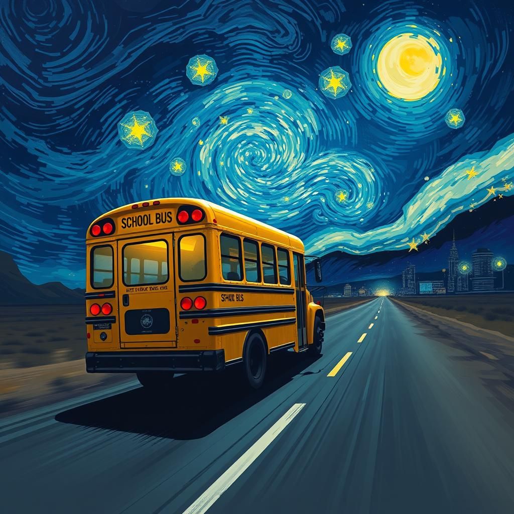Eerie School Bus on Moonlit Road in Starry Night