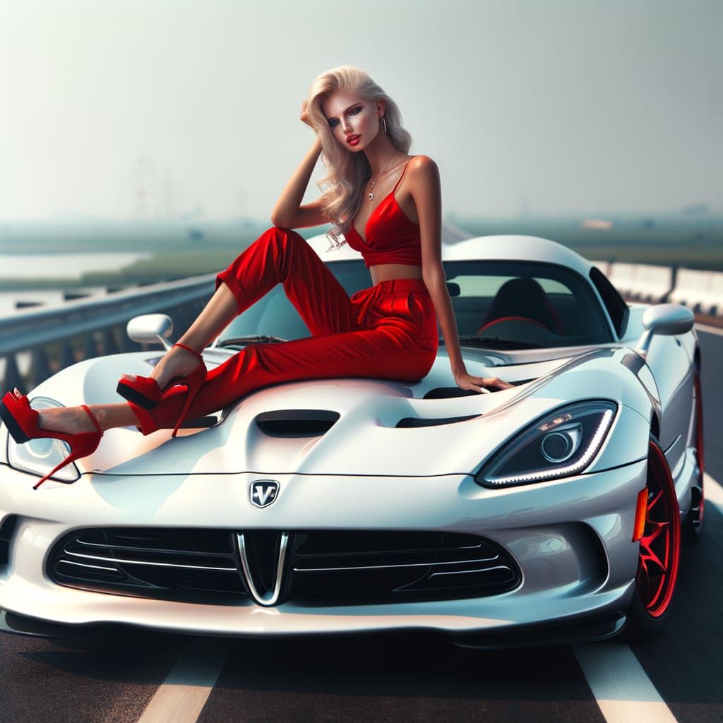 Blonde Woman in Red Hot Pants Lies on White Dodge Viper Hood