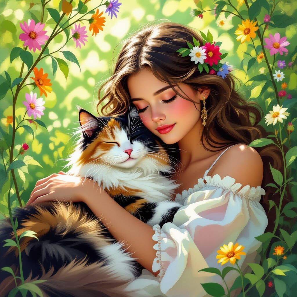Teen Girl with Cat Amidst Wildflowers