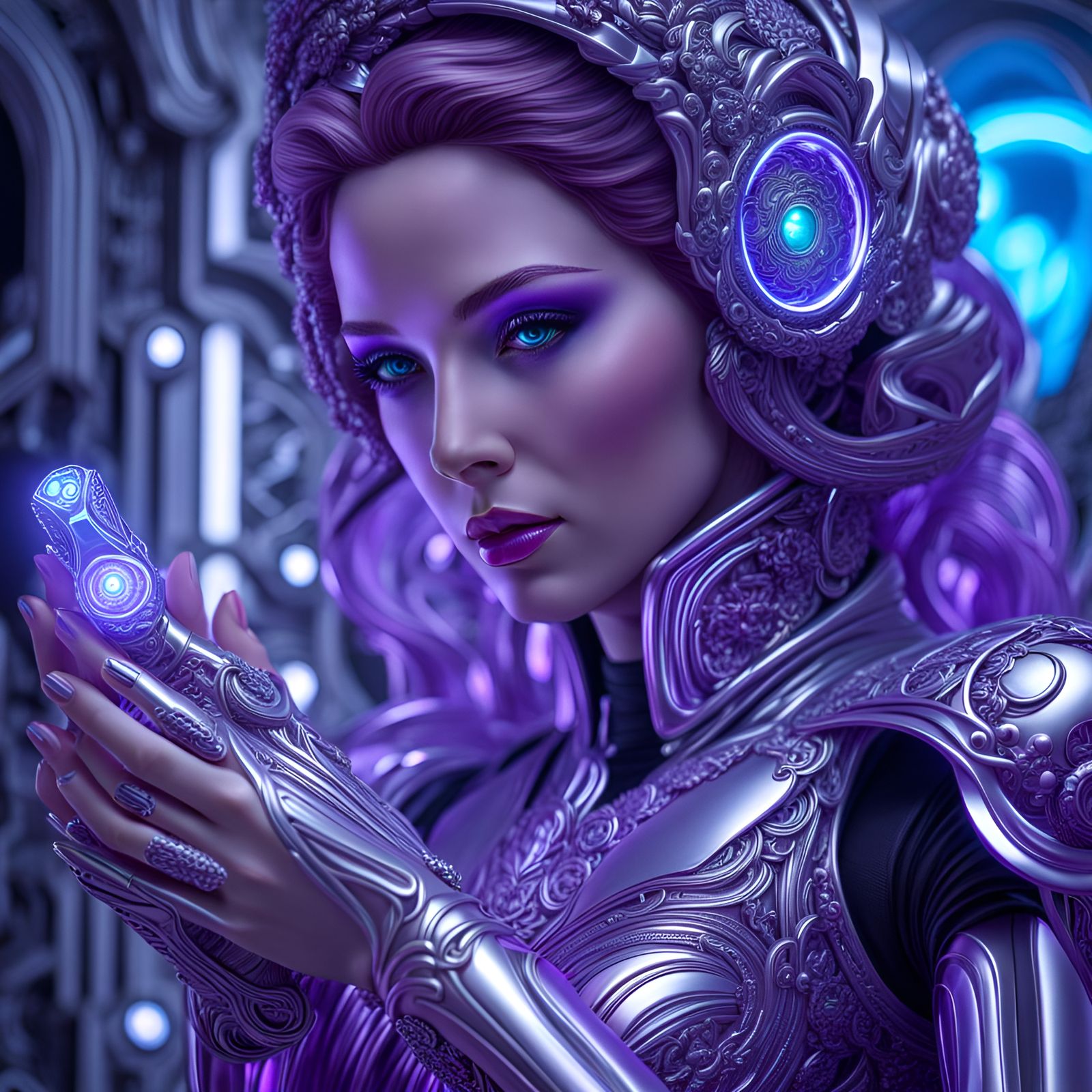 Cyborg Woman with Lilac in Art Nouveau