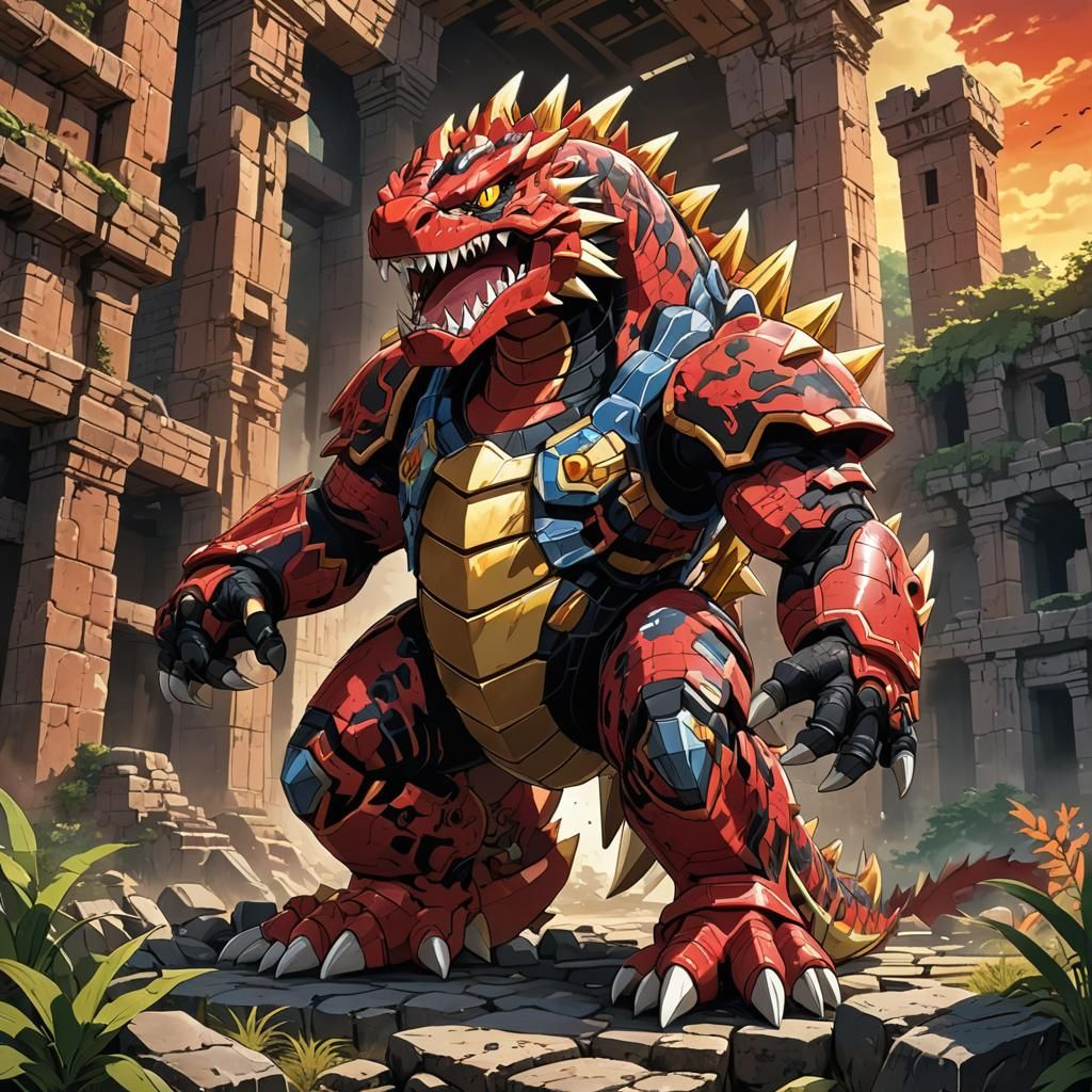 Groudon in Ancient Ruins, Anime Style Illustration