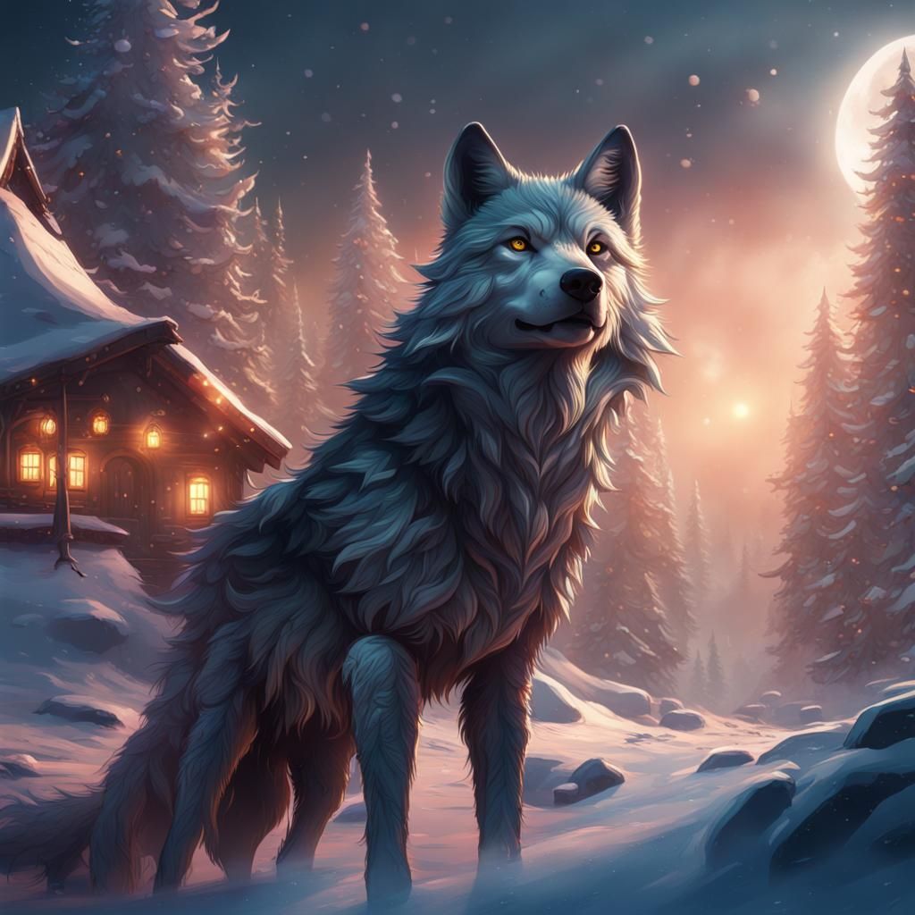 Festive New Year Wolf in Detailed Matte Painting