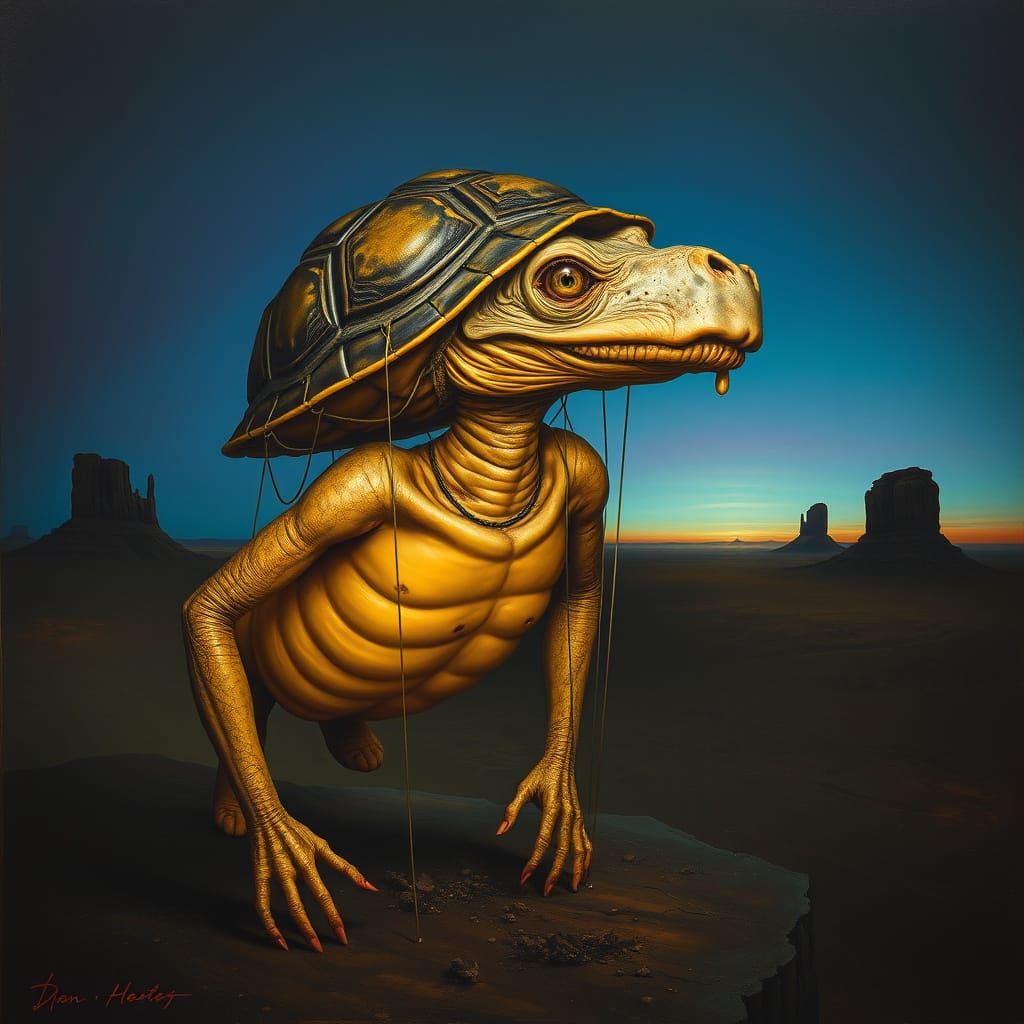 Surreal Hybrid Creature in Dalí-Inspired Desert Landscape