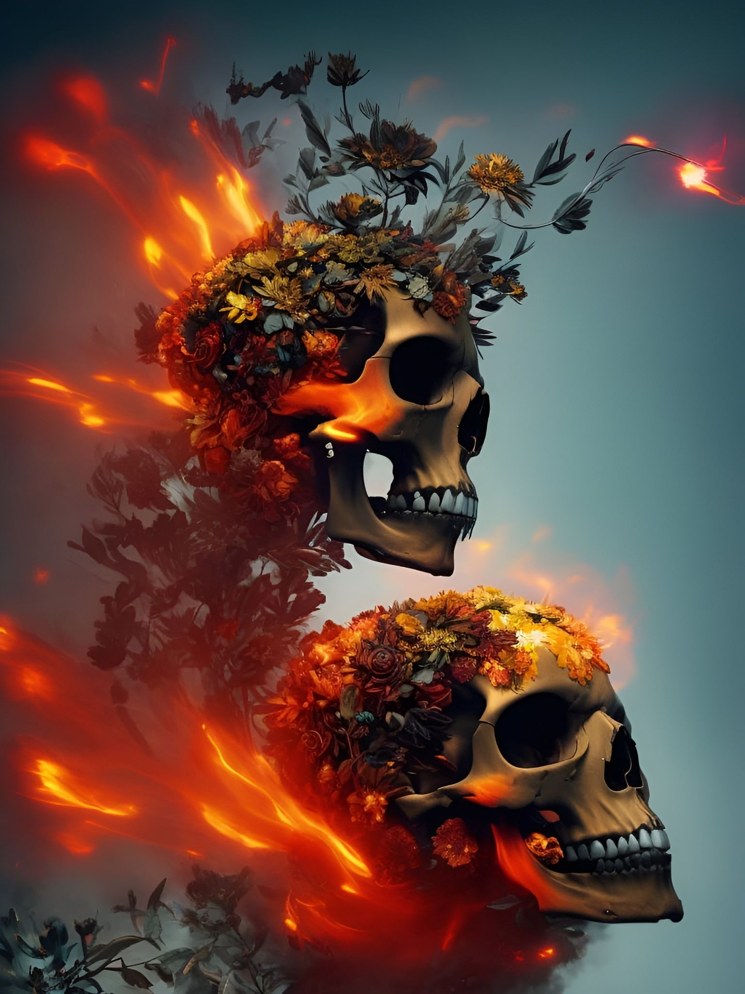 Skull Exploding Flower Flames: Digital Rendering