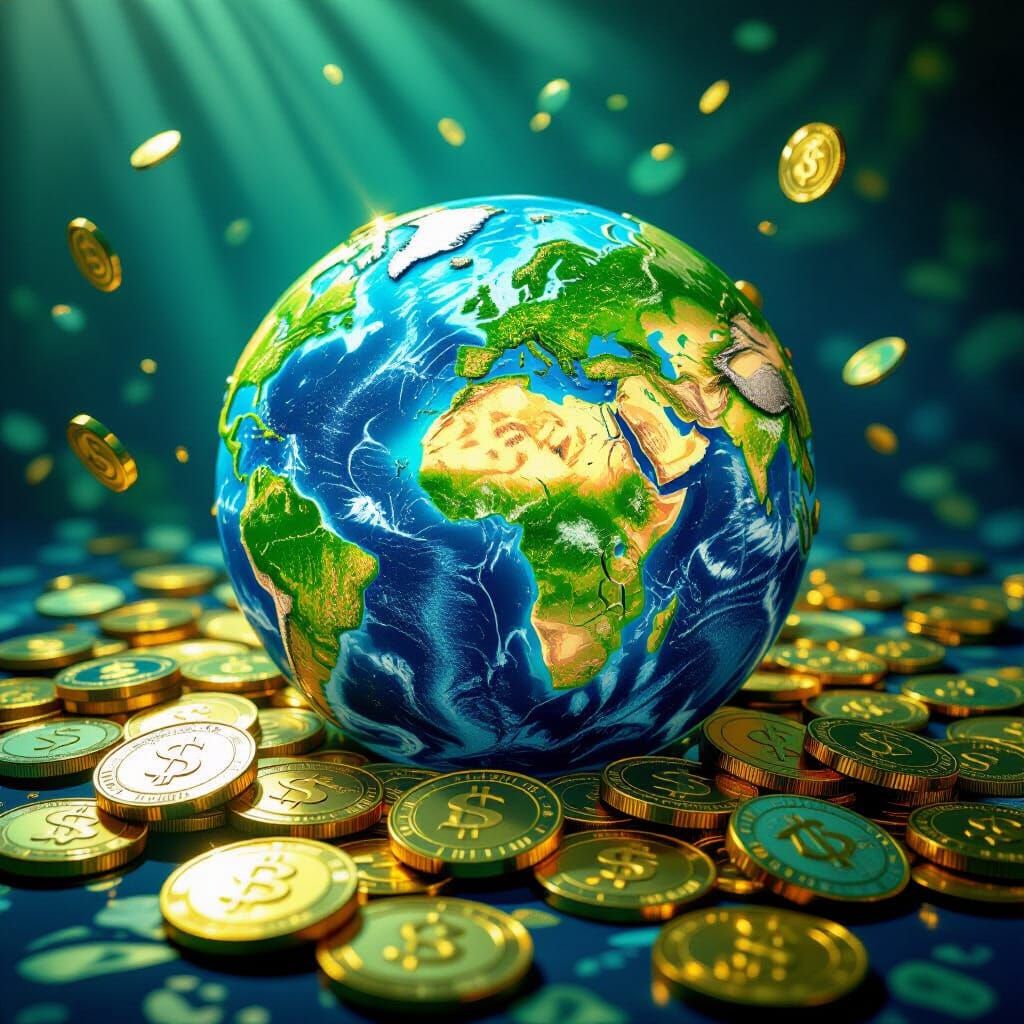 Global Finance: Coins Scattered Around a Globe