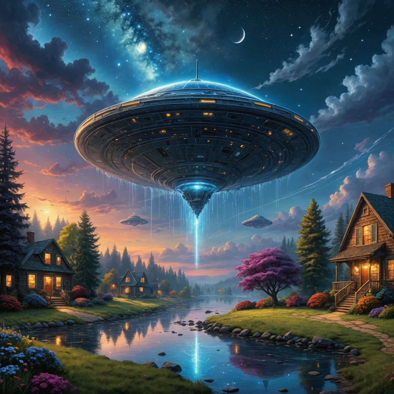 UFO with Starry Sky in Hyperrealistic Style