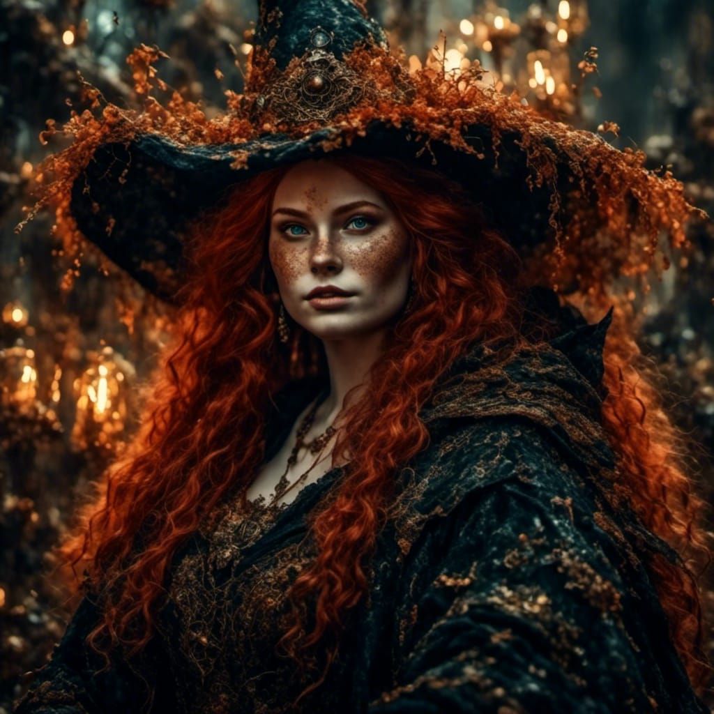 Hyperrealistic Obese Redhead Witch with Small Smile