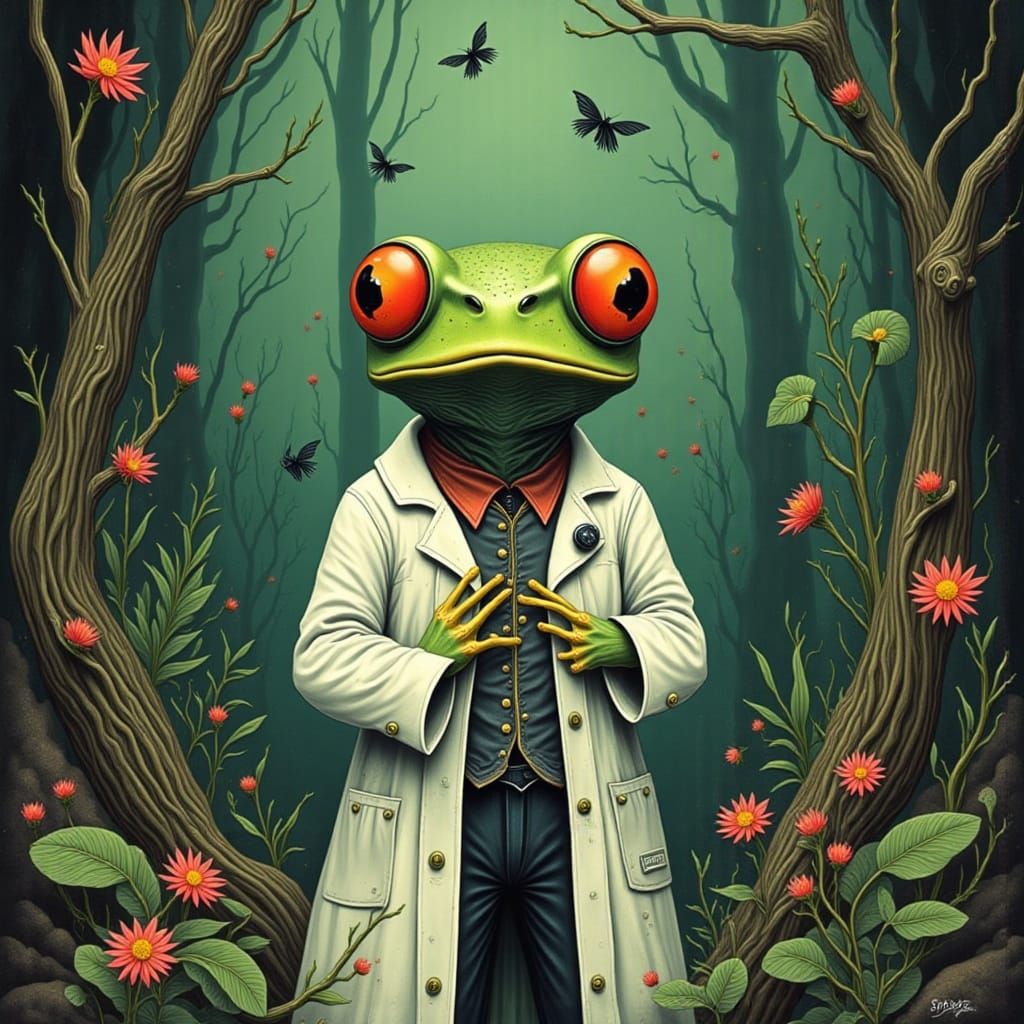 Tree Frog Scientist's Eureka Moment: Sci-Fi Art