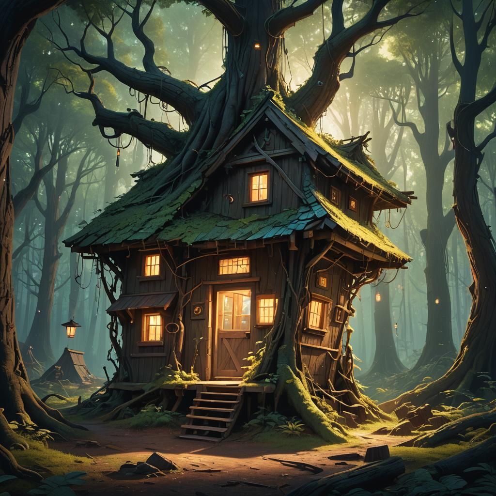 Mystical Forest Shack with Glowing Runes