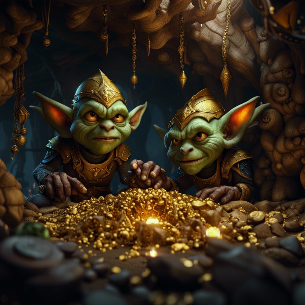 Goblins Admiring Treasure Hoard in Cave