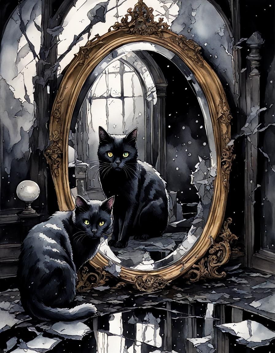 Black Cat and Broken Mirror in Gothic Watercolor