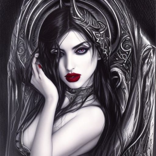 Gothic Devil Snow Beauty in Charcoal Drawing