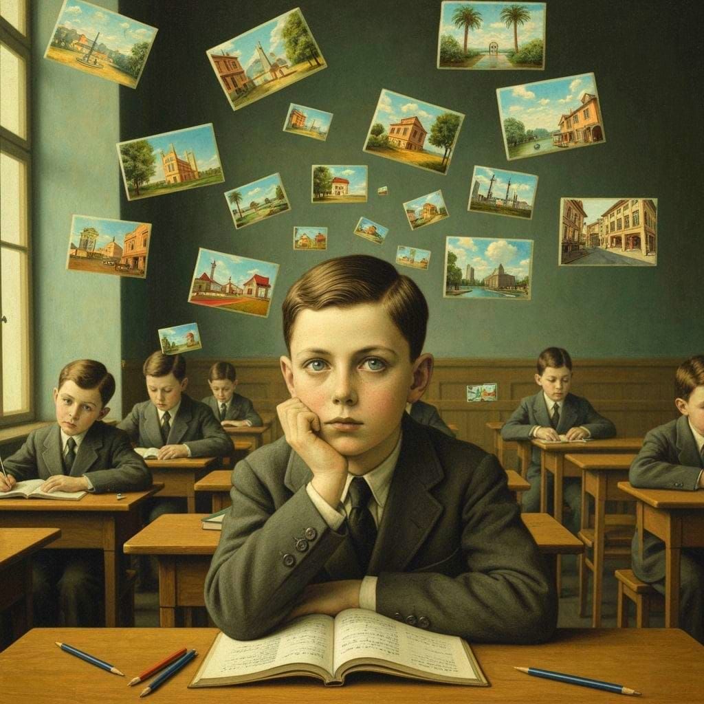 Boy's Daydream in a 1920s Classroom