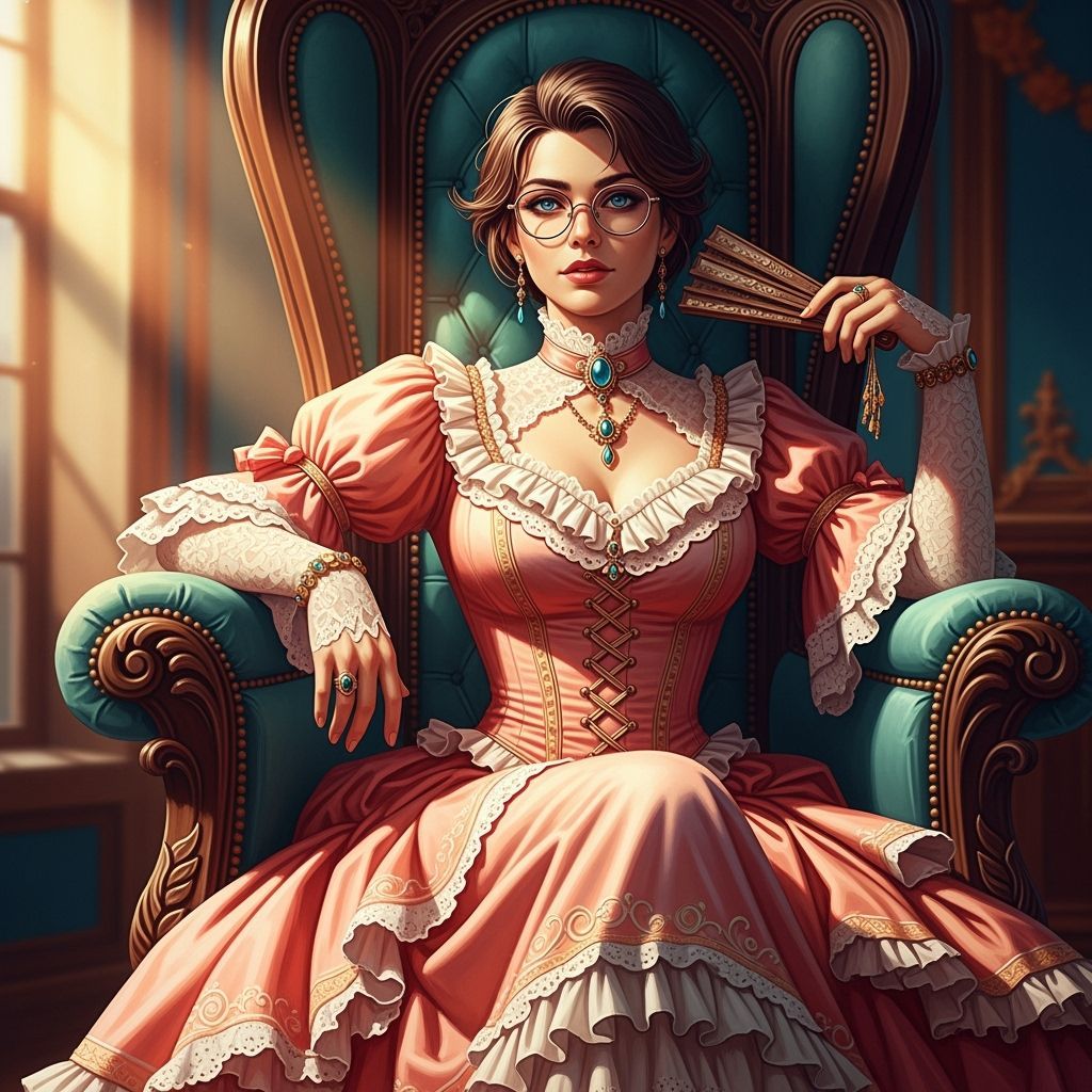 Victorian Woman in Peach Gown with Ornate Chair
