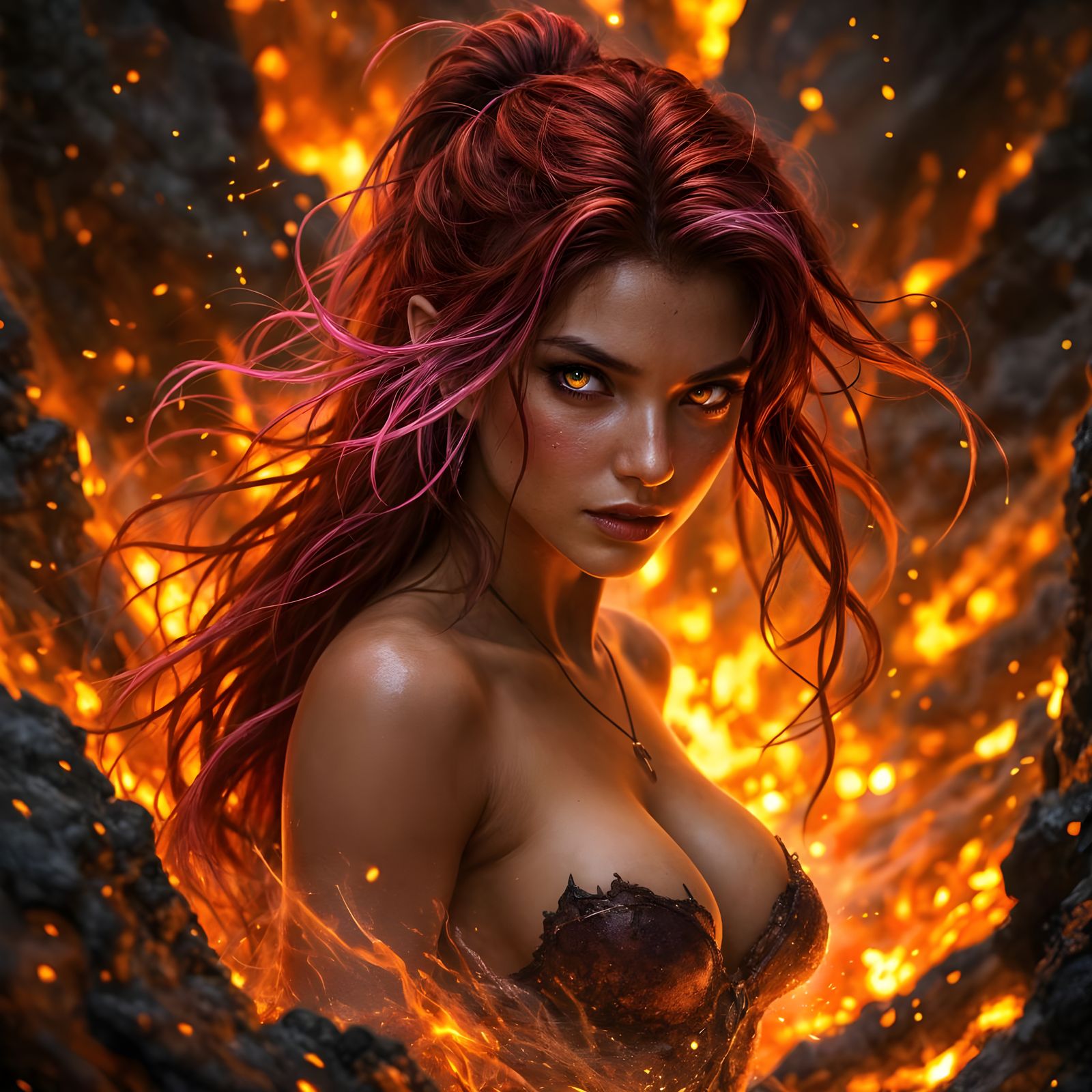 Fiery Fairy Emerges from Volcanic Lava in Dark Fantasy Style