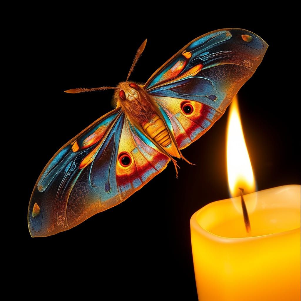 Vibrant Moth in Whirling Dance Above Golden Flame