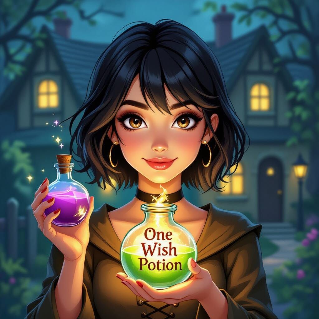 Witch Holding a One Wish Potion Bottle