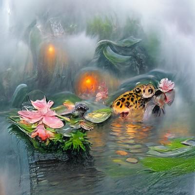 Frog on Lily Pad in Koi Pond