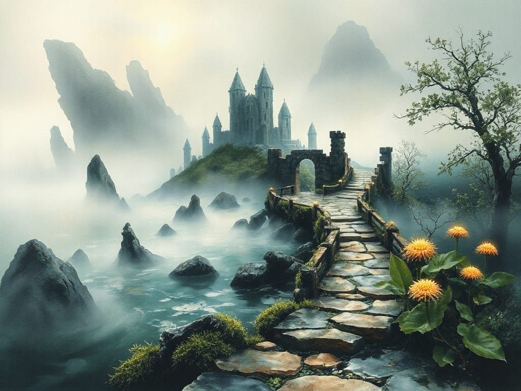 Enchanted Island Ruins in Ethereal Mist Watercolor