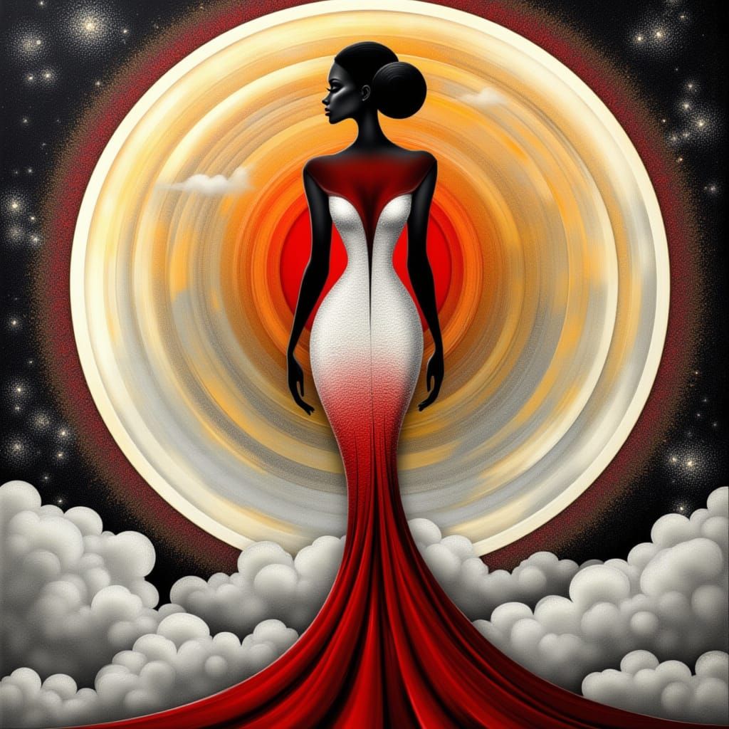 Elegant Woman in Crimson Gown with Rainbow Cloudscape