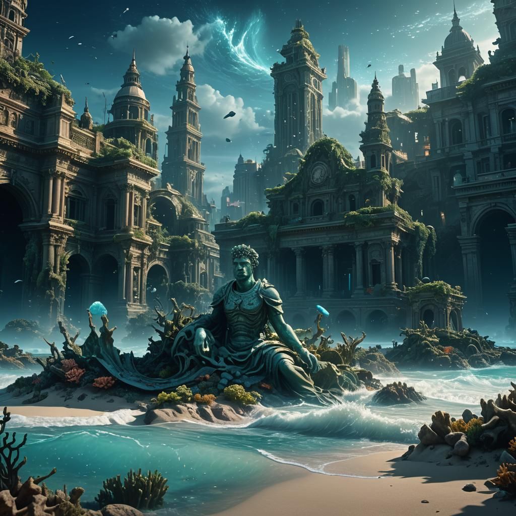 Underwater Cityscape: Submerged Metropolis in Eerie Light