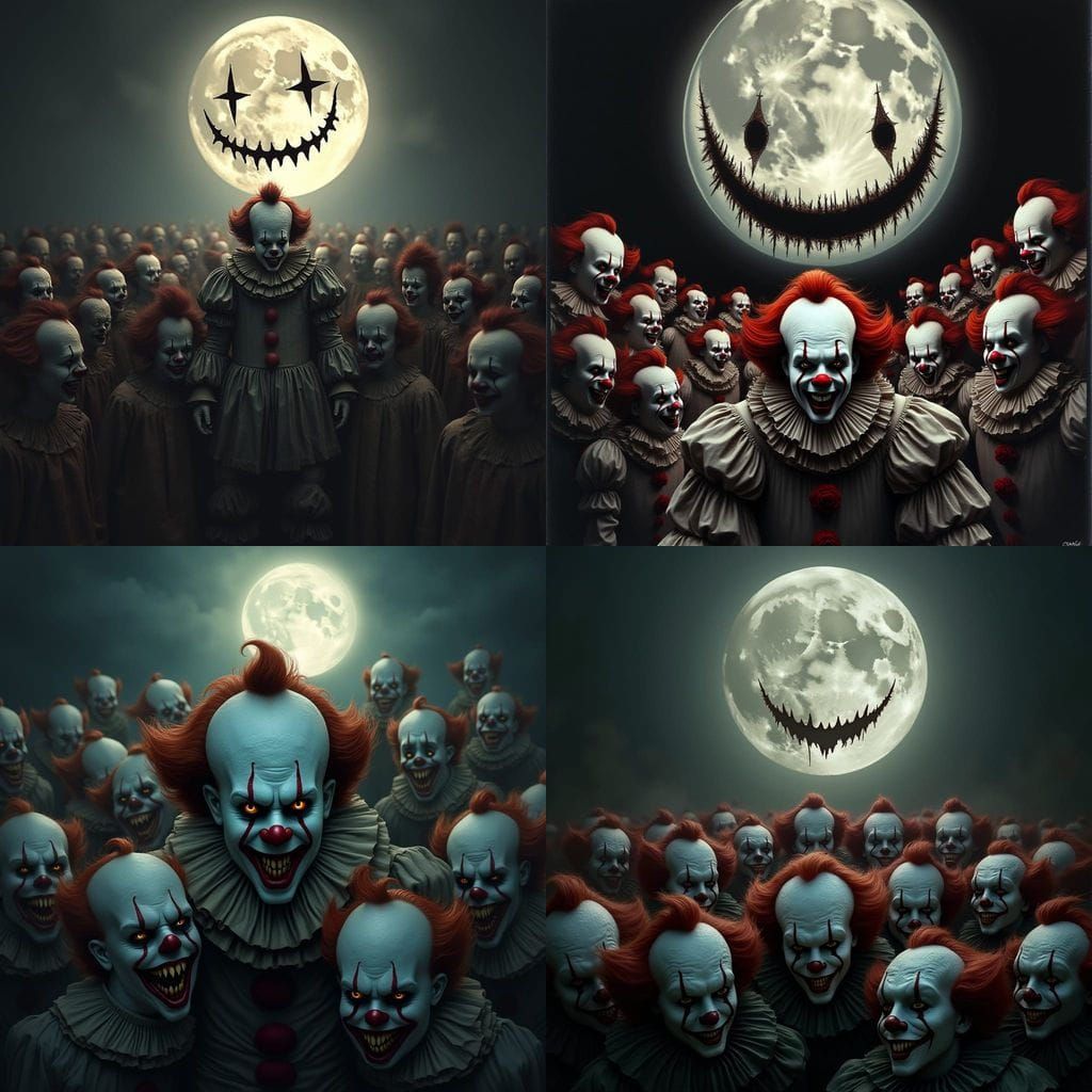 13 Horror Clowns Gather Under a Cratered Moon