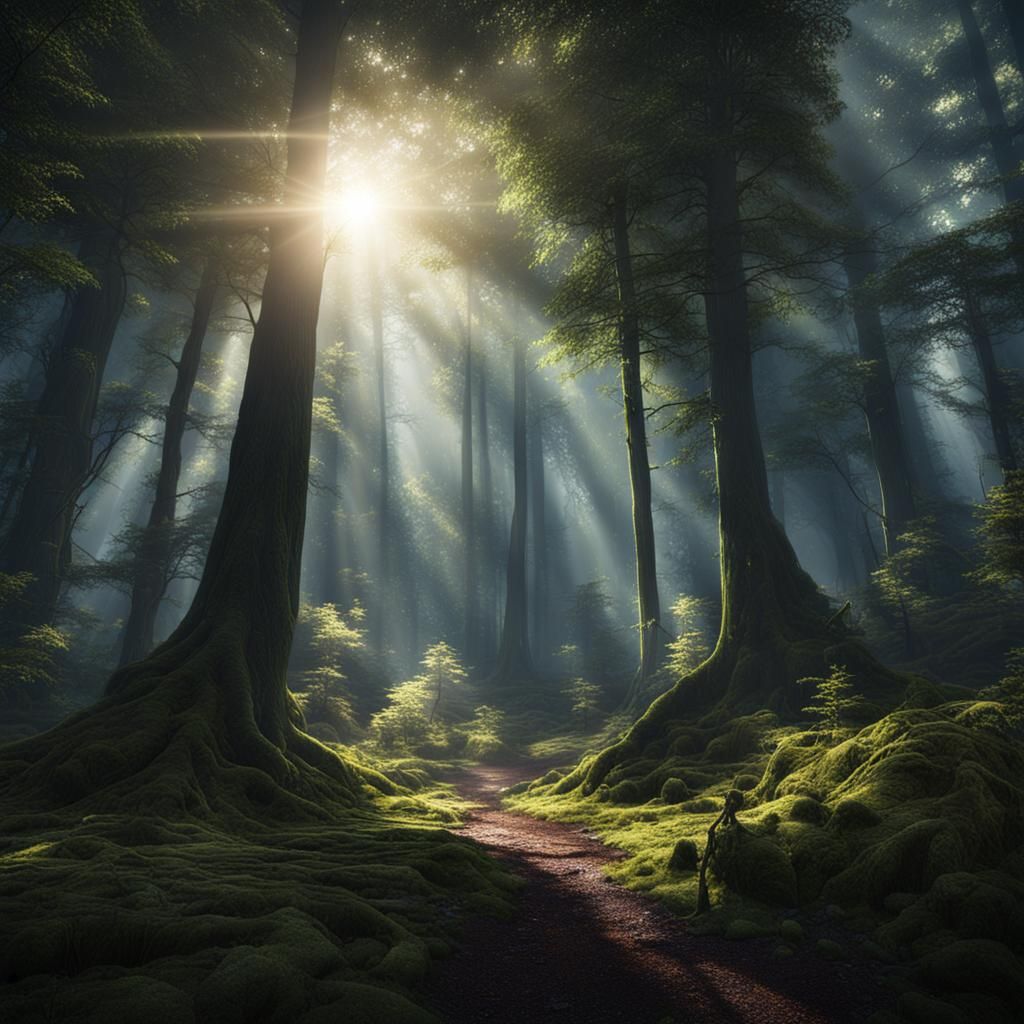 Sun Rays Shining Through Dark Fantasy Forest