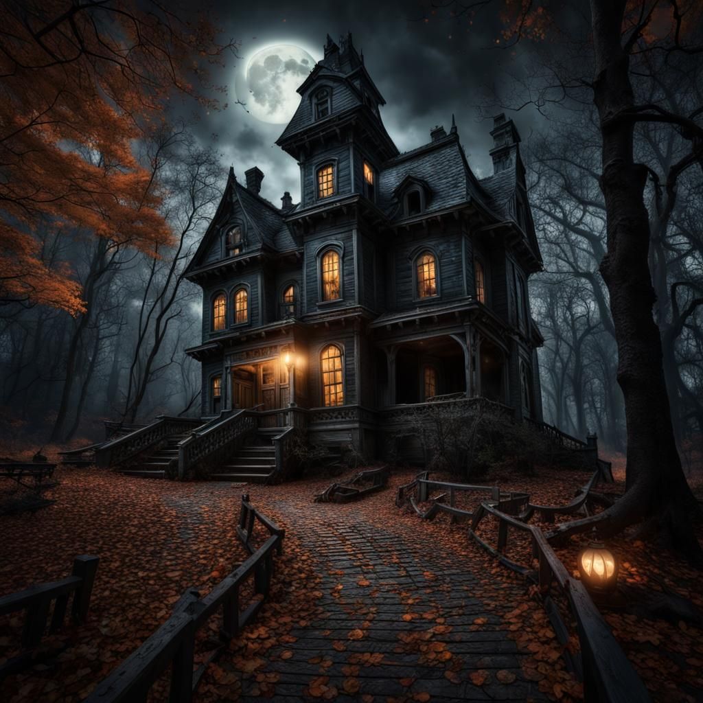 Eerie Moonlit Haunted House in Spooky Forest