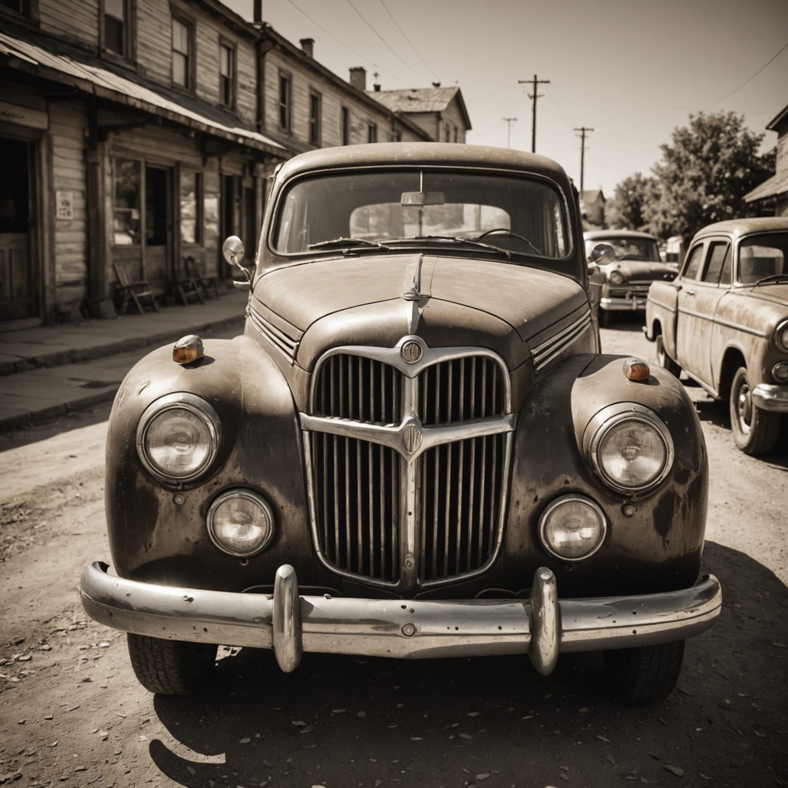 Vintage Beat-Up Car With Smiling Grille in Sepia Tones