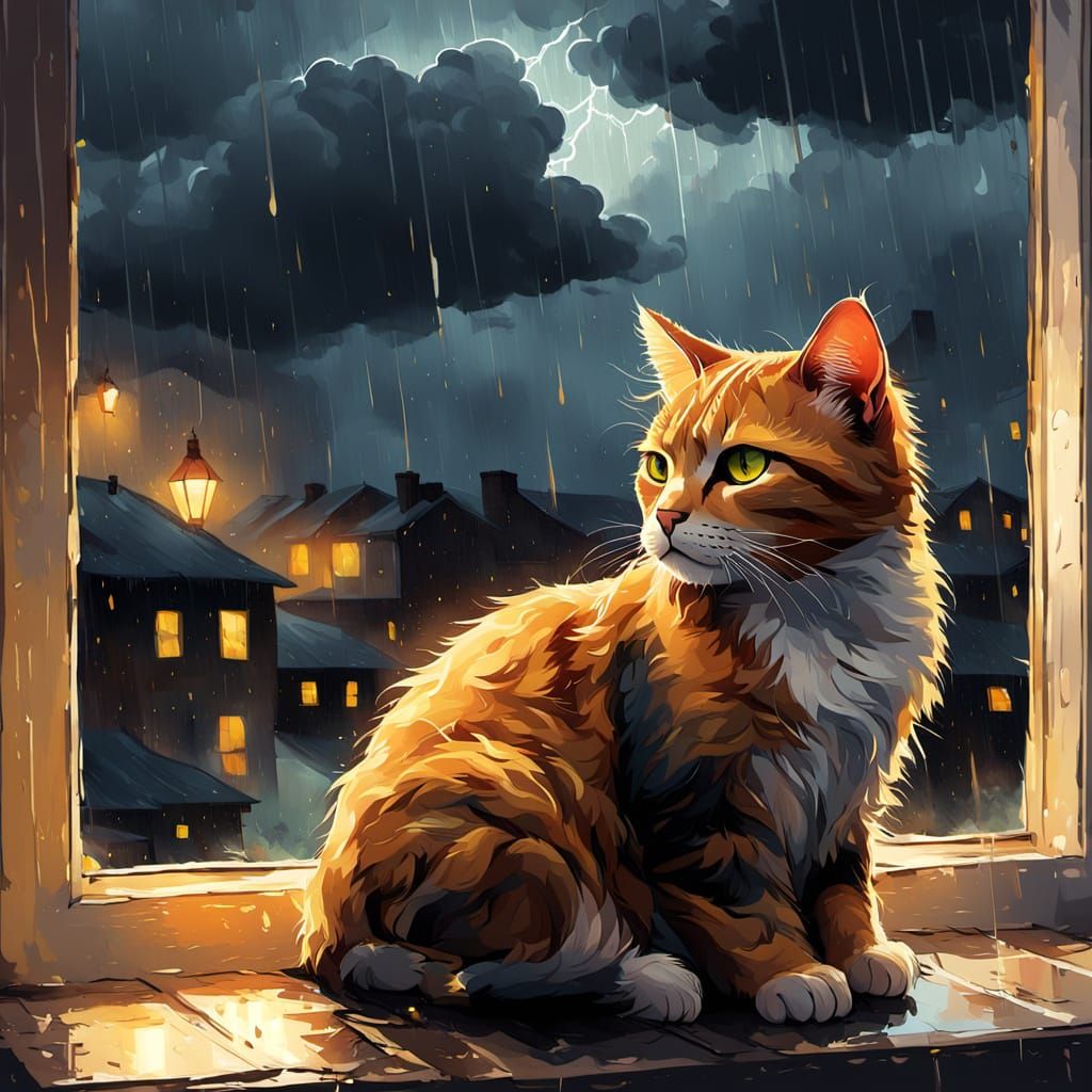 Cat Gazing at Stormy Landscape, Digital Painting