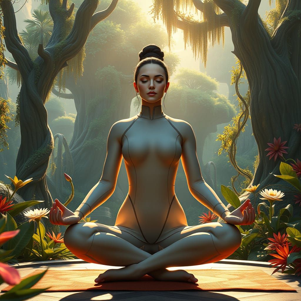Serene Star Trek Woman in Yoga Pose, Peaceful Garden, Idylli...