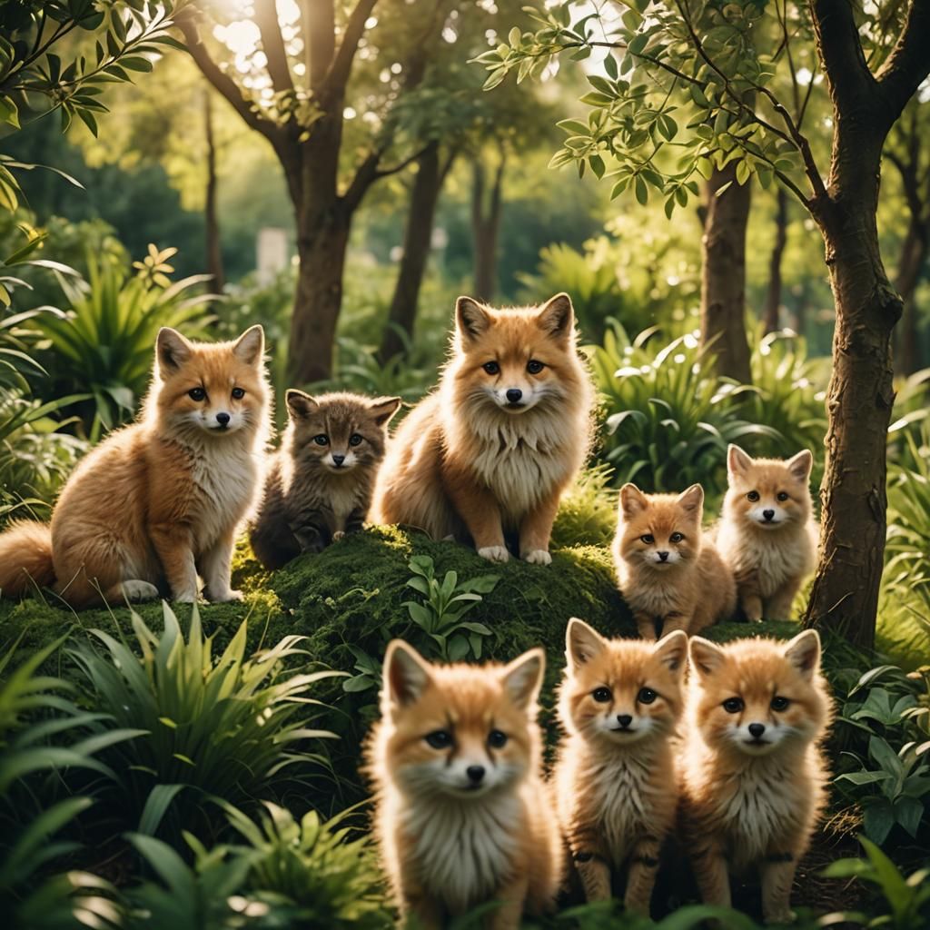 Adorable Animals Playful Scene in Golden Lighting