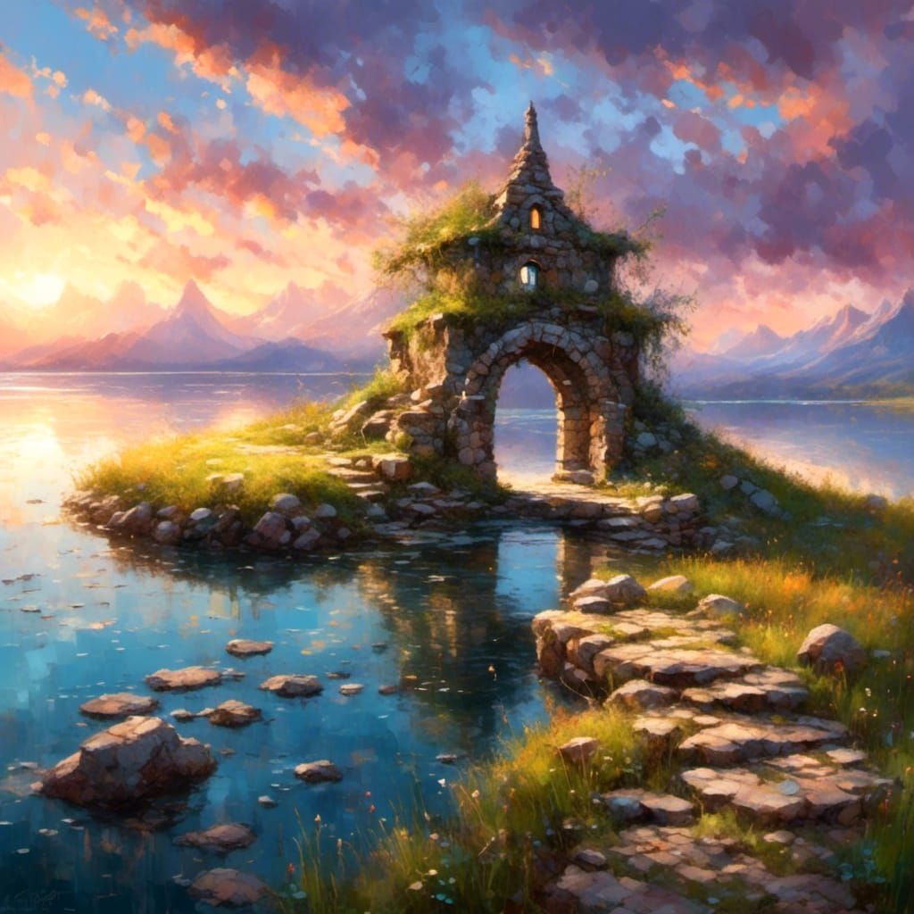 Sunset Lake View Through Stone Entrance